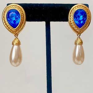 Swarovski Swan Blue Crystal Gold Drop Faux Pearl Statement Runway Earrings